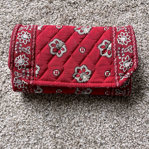 Vera Bradley clutch with Velcro closure. Multiple pockets, dark red and cream. - Picture 1 of 3